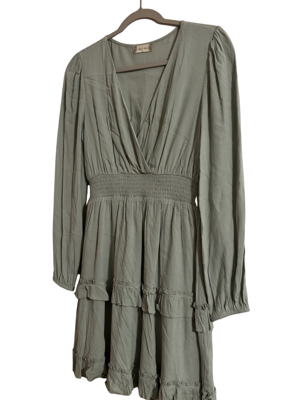 Long Sleeve Sage Green Tiered V-Neck Mini Dress